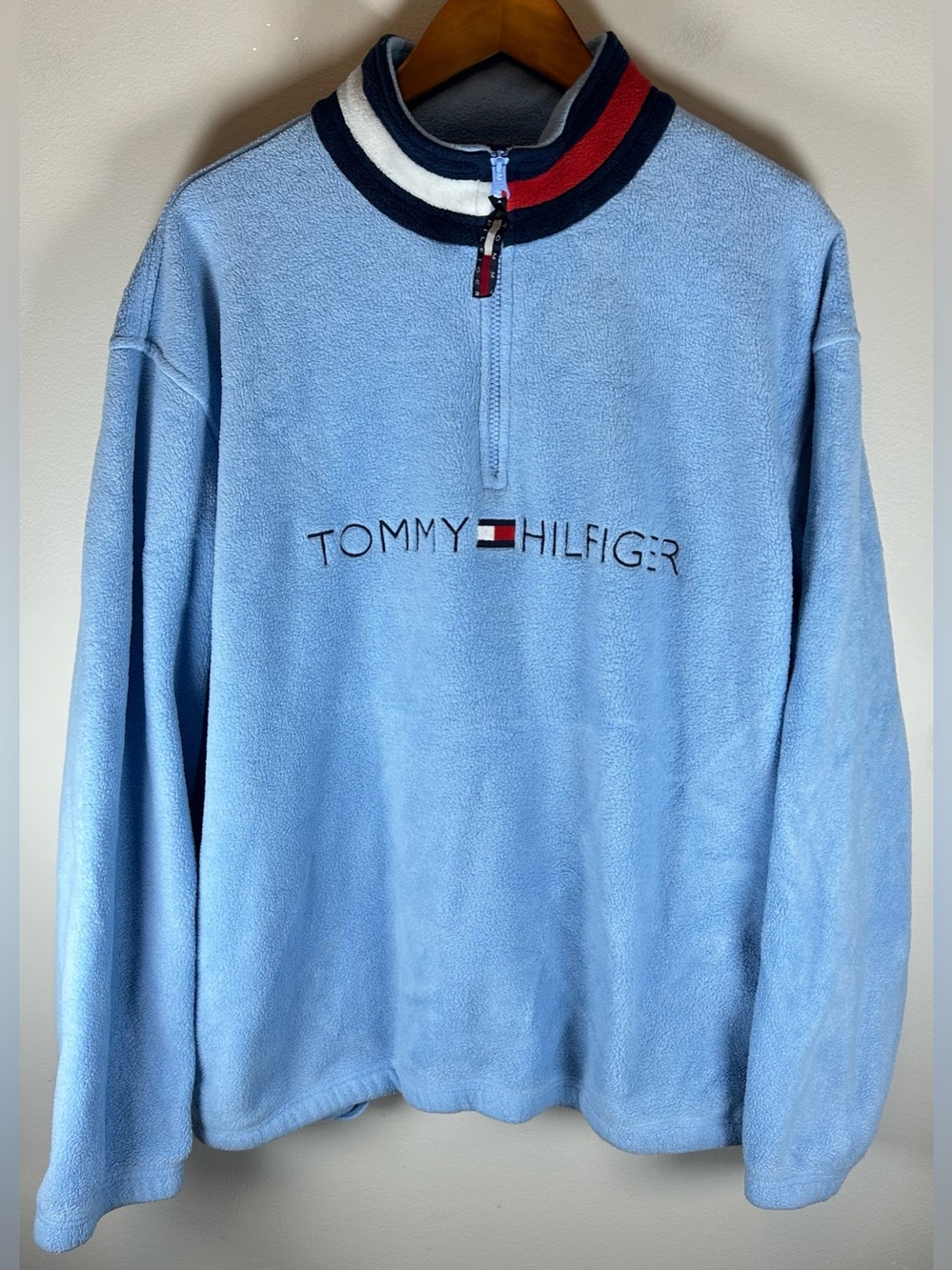 Vintage Y2K Tommy Hilfiger Fleece Sweater Sz XL 1/4 Zip Blue Soft Fluffy 2005